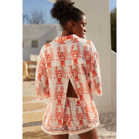 Anthropologie Lobster Print The Essentials Oversized Shirt Orange Size Small - Picture 4 of 11